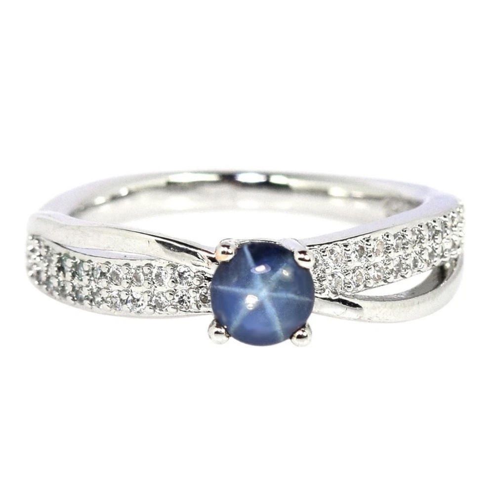 Natural 6 Rays Blue Star Sapphire Cabochon round in 925 Sterling Silver Sz 8.25